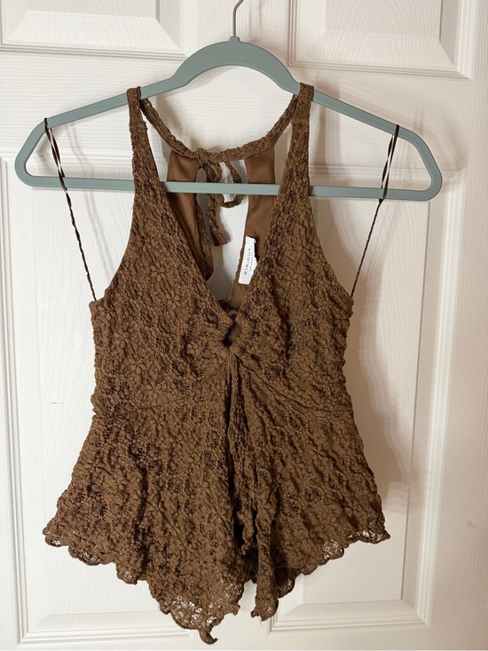 KIRIOUS LOS ANGELES Tops - Textured Brown Lace Halter Romper with Tie Back